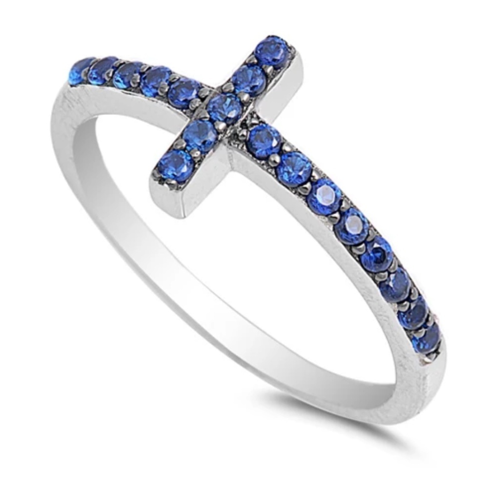 Sterling Silver Sideways Cross Ring with Blue Sapphire CZ – Size 8